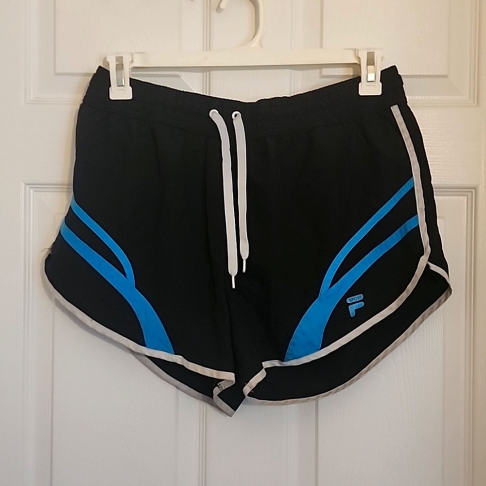 2 Large Black Fila Shorts, Blue and Pink Designs